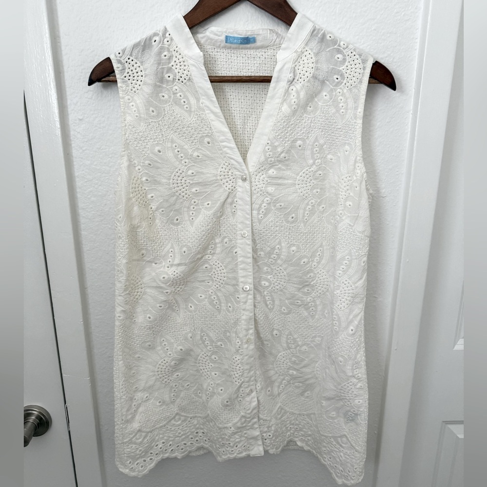 J. McLaughlin Embroidered Beautiful White Sleeveless Blouse